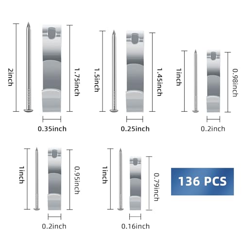 Image of Silver Picture Hangers, 136 PCS Heavy Duty Picture Hanging Hooks with Nails on Drywall /Wooden Wall, Metal Hardware Kit for Pictures, Frame, Mirror, Holds 10-100 LBS