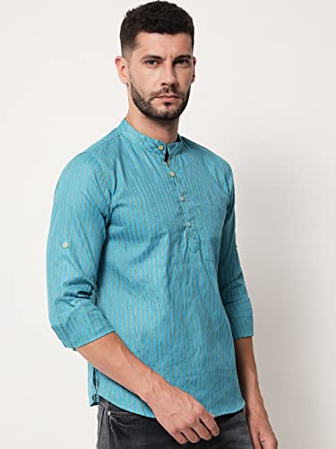 Image of Vastraa Fusion Men's Handloom Weaving Pure Cotton Short Kurta, Round Collar, Full Sleeves,Button Kurta, Ethnic Wear