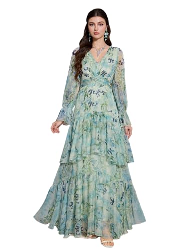 Image of TOLEEN Summer Casual Dresses for Women 2024 Spring Fashion Boho V Neck Long Sleeve Ruffle Floral Print Elegant Maxi Dress