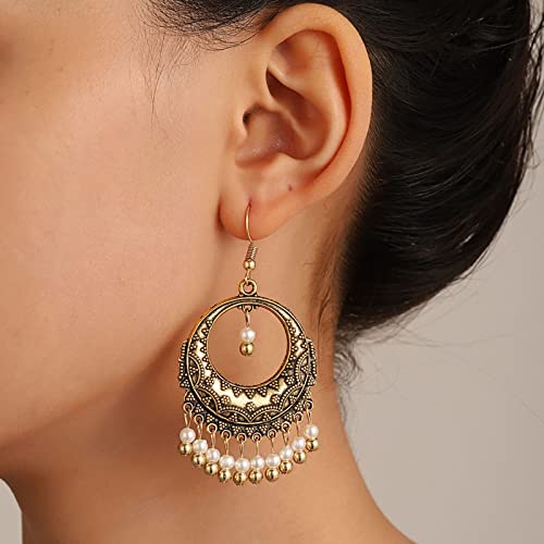 TseenYi Pendientes Gitana Vintage Perla Colgante Pendientes Boho Gitana Étnica Pendientes De Perlas De Gancho Borla Pendientes De Joyería Para Mujeres Y Niñas (oro)