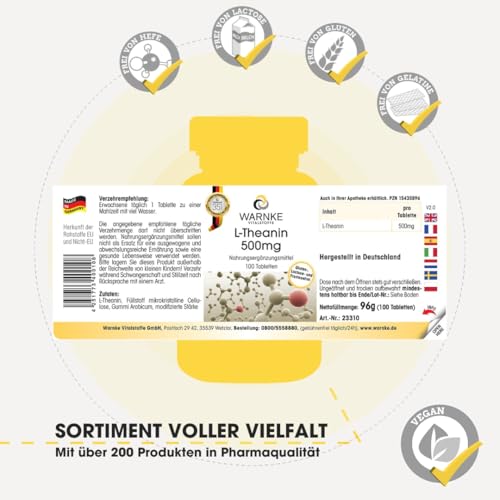 L-Theanin Tabletten - 500mg - 100 Tabletten - vegan - Aminosäure | Warnke Vitalstoffe - Deutsche Apothekenqualität