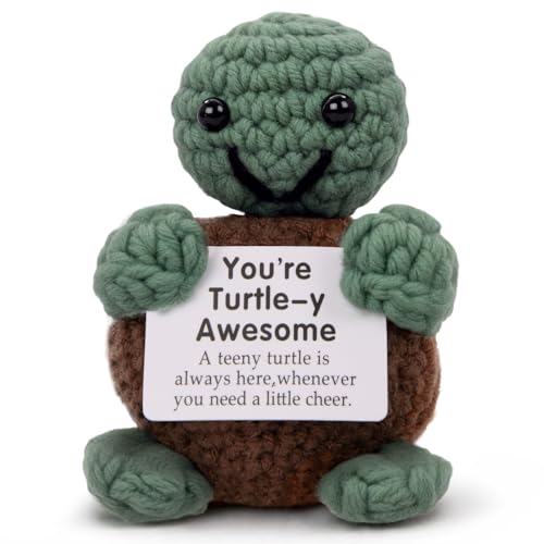 Gifts for father from Daughter Son - Funny Crochet Emotional Support Turtle with Positive Card Cute Handmade Knitted Pocket Hug Desk Decor Birthday Gift for Fathers Day Women Wife Mama Father
