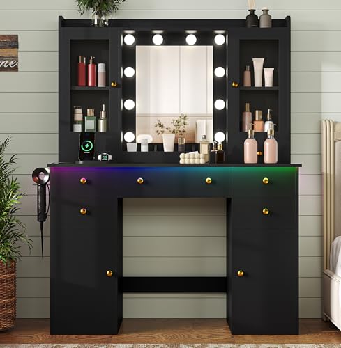 Image of HUANLEGO Black Vanity Desk with Mirror and Lights for Girls Women | Makeup Vanity Mirror with Lights, LED RGB Lights Strip, Power Outlet, 7 Drawers, 2 Storage Cabinets, 3 Color Modes Adjustable