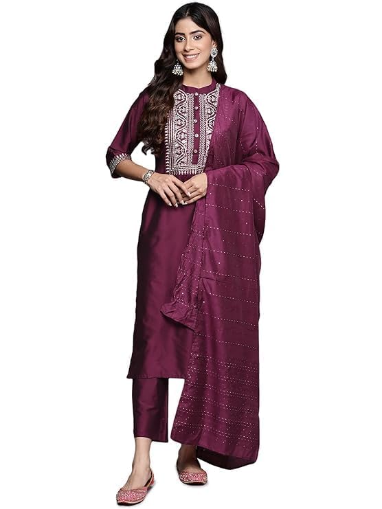 libas Gerua Womens Yoke Design Silk Blend Straight Kurta With Trousers and Dupatta-picture-40