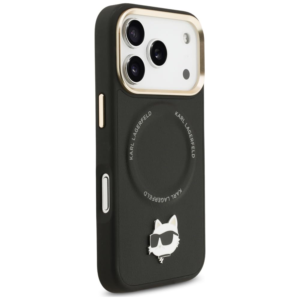 CG MOBILE Karl Lagerfeld duży pasek Choupette metalowe logo kompatybilne z MagSafe etui do iPhone 17 Pro Max (czarne)