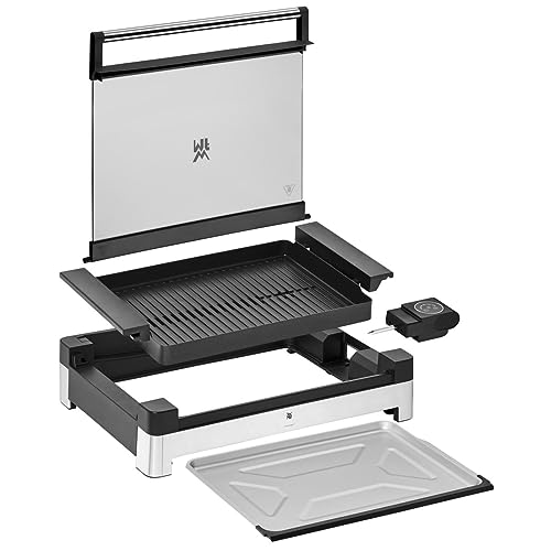 Foto von WMF Lono Tischgrill elektrisch mit Glasdeckel, beschichtete Grillplatte, herausnehmbare Auffangschale, spülmaschinenfest, Edelstahl matt, 2200 Watt