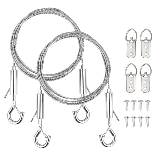 2Pcs Picture Hanging Wires with Hooks 2m Mirror Hanging Wire Heavy Duty Stainless Steel Wire Rope for Potted Plants Chandelier Photo Frame Hold Up to 66lbs(30kg)