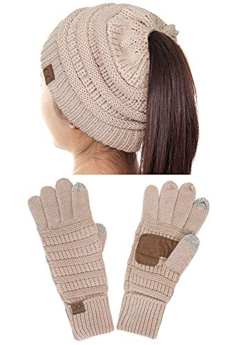 ScarvesMe 2pc Women Confetti BeanieTail Ponytail Messy Bun Solid Ribbed Beanie Hat Cap and Gloves Set (New Beige Solid)