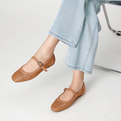 Image of Trary Mary Jane Shoes Women Woven Flats for Women Dressy Ballet Flats Squared Toe Mary Jane Flats Shoes