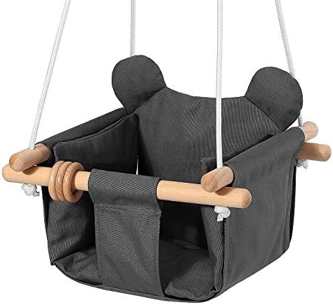 Mlian Secure Canvas and Wooden Baby Hanging Swing Seat Chair Indoor and Outdoor Hammock Backyard Outside Swing Kids Toys Swings 6-36 Months with Ear Décor Cushion and Natural Wooden Ring, Grey