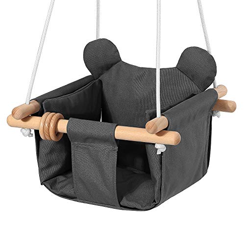 Mlian Secure Canvas and Wooden Baby Hanging Swing Seat Chair Indoor and Outdoor Hammock Backyard Outside Swing Kids Toys Swings 6-36 Months with Ear DÃ©cor Cushion and Natural Wooden Ring, Gray