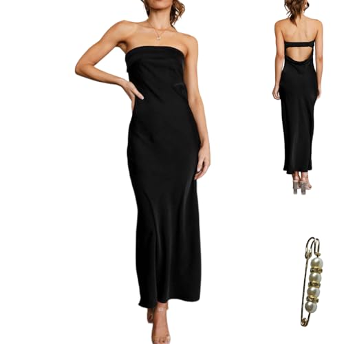 Image of Womens Strapless Satin Maxi Dress Backless Tube Dress | Strapless satin maxi dress with elastic back folded bust backless cut smooth drape and slim tube fit for events