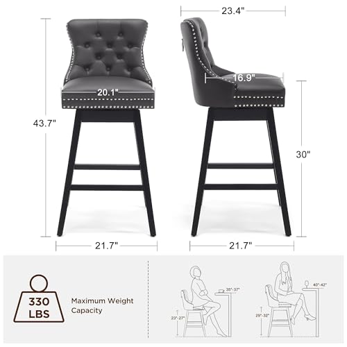 Image of Grey Leather Swivel Bar Stools Set of 6 with Back, 30 Inch Counter Height Chairs, Solid Wood Legs, Tufted Seat, Comfortable and Stylish for Kitchen, Island, Home Bar(Grey, 6 Pack, 30 inch H)