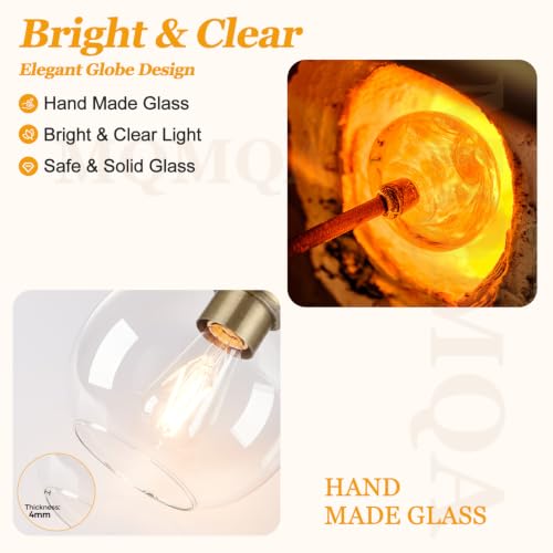 Image of MQMQA 2 Pack Globe Pendant Lights, Mid Century Brass Pendant Light Fixtures, Globe Pendant Lights Kitchen Island with Clear Glass Shade Hanging Fixture for Dining Room (Bulbs not Included)