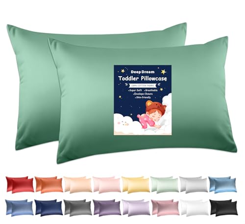 Image of Deep Dream 100% Cotton Toddler Pillowcases Set of 2, 13x18 Inches Fits Baby Pillow Sized 12x16, 13x18, 600 Thread Count Cotton Small Travel Kids Pillow Case with Envelope Closure, Forest Green