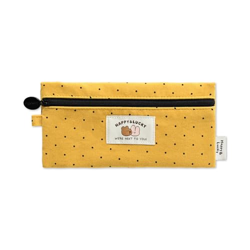 Image of Monolike Happy and Lucky Candy Dot pen case, Yellow - Slim Corduroy Style Cotton Pen Pouch, Cute Aesthetic Pastel Stationery Organizer for Office