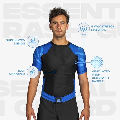 Sanabul Essential Short Sleeve Rash Guard MMA BJJ Wrestling Grappling Jiu Jitsu - Blue, Medium
