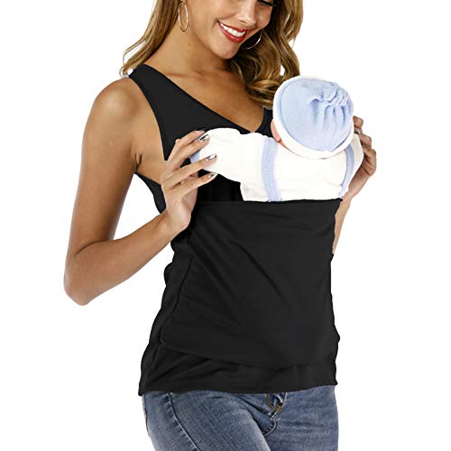 amropi Camisetas Para Mujer Bebé Portador Camisetas sin Mangas V Cuello Canguro Tank Tops(Negro,M)