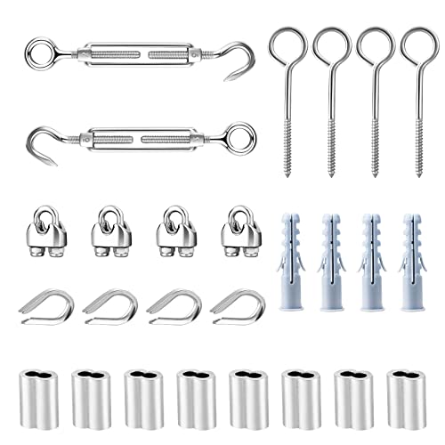TooTaci Kit Tendeur Cable de 3mm Câble Inox,Kit Tendeur Cable Inox en Inoxydable 304,M5 Tendeurs et Crochets, Serre Cable Inox 3mm, 80mm Crochets à Oeil,M3 Manchons de Câble Métallique Cover