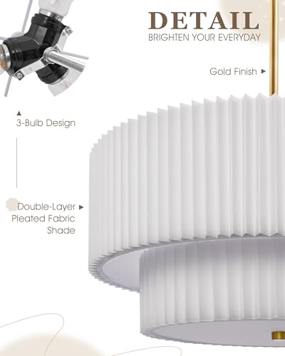 Image of 18 inch Double Drum Chandelier, 3-Light Gold Pendant Light Fixtures with Dual Layer Pleated Fabric Shade, Modern Chandeliers for Dining Room Kitchen Living Room Bedroom Hallway, AD-25036-3P-GD