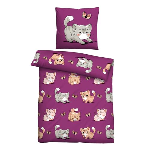 Image of Bestlivings 2-Piece Bed Linen Set (Duvet Cover 135 x 200 cm + Pillowcase 80 x 80 cm) Children's Microfibre Satin Bedding with Cat Motif Oeko-Tex Standard 100