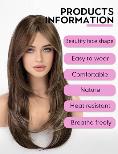 WOKESTAR Long Straight Wigs for Women with Curtain Fringe Layered Synthetic Color Hair (Ash Brown with Highlights) - Image 4