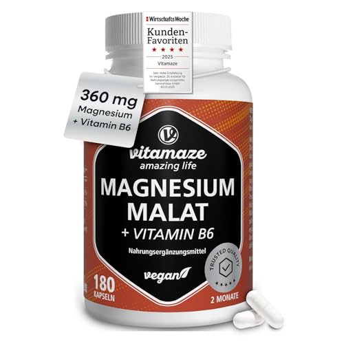 Vitamaze Magnesium Malat 360mg + Vitamin B6, Hochdosiert mit 1800 mg, 180 vegane Kapseln, 2 Monate Vorrat, Ohne Zusatzstoffe 1
