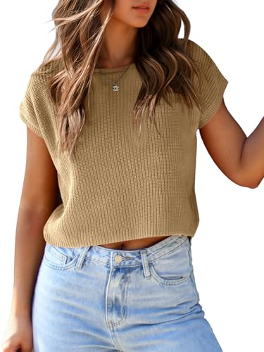 Image of Saodimallsu Womens Cap Sleeve Crop Tops Summer Trendy Going Out Crew Neck Loose Knit Cropped Sweater Vest Tank Top