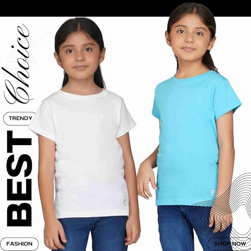 Image of Kids Round Neck T-Shirt Half Sleeves 100% Cotton Rich Soft Comfortable Fit Stylish Plain Color 1+1 Combo Original Brand Tshirt for Girls