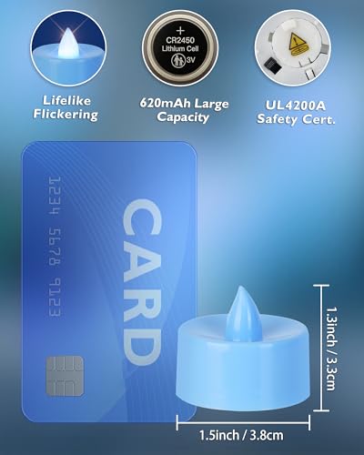 Image of Homemory 12-Pack Light Blue Remote LED Battery Tea Light Candles, 400+ Hrs | 2 /4 /6 /8H Timer Flameless Flickering Tealight Votives for Weddings /Baby Showers