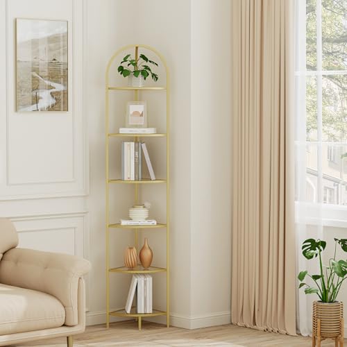 Homhedy 6-Tier Gold Corner Shelf Stand Metal Corner Bookshelf