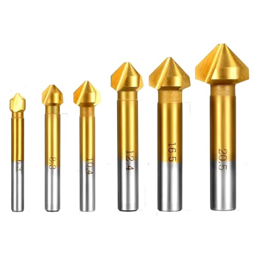 6 Pièces Fraise à Chanfreiner 90° HSS Titane Conique Cylindrique, Jeu de Fraises à Chanfreiner pour Métal et Matériaux Non Métalliques, Ø 6,3-20,5 mm