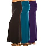 Isaac Liev Women's Banded Fold Over Waist Maxi Skirt 3-Pack, 0013 BLK, Teal, Egg 2X