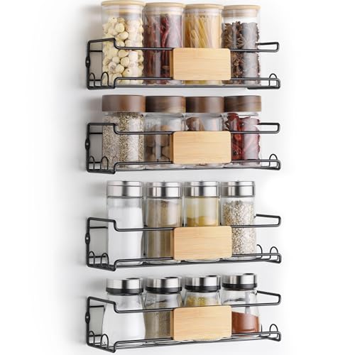 CACHOLIV 4-Pack Wall Spice Rack - Matte Black Spice Organization for Cabinet with Bamboo Plank - 2 Mounting Options Floating Shelves for Kitchen, Bathroom, Laundry Room, Pantry Organizers and Storage