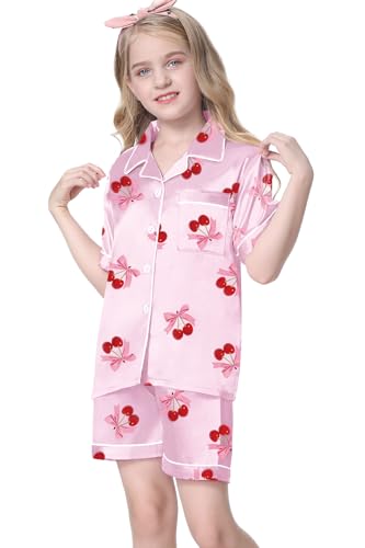 Image of Umeyda Women & Girls Pajamas Set, Soft Satin Lightweight Silk Button-Down Top with Shorts 2 Piece PJS for Mom Boys Kids Gifts