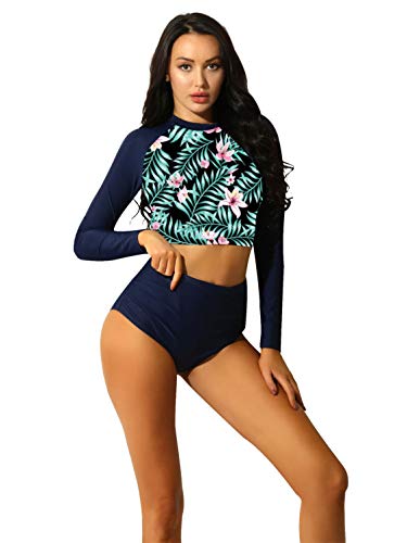 TTAO Bikini de 2 piezas para mujer, sexy, de manga larga, con estampado de flores, tallas S-XXL azul marino S