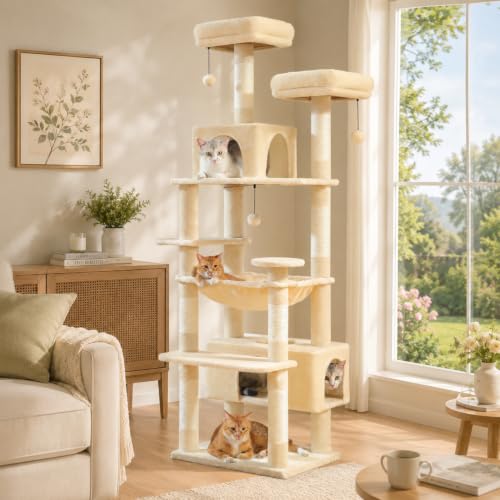 Image of PAWZ Road Large Cat Tree, 72 inch Multi-Level Cat Activity Center, Cat Tower Condo with Sisal-Covered Scratching Posts and Pads, 2 Padded Perch, Dual Condo and Basket for Large Indoor Cats-Beige