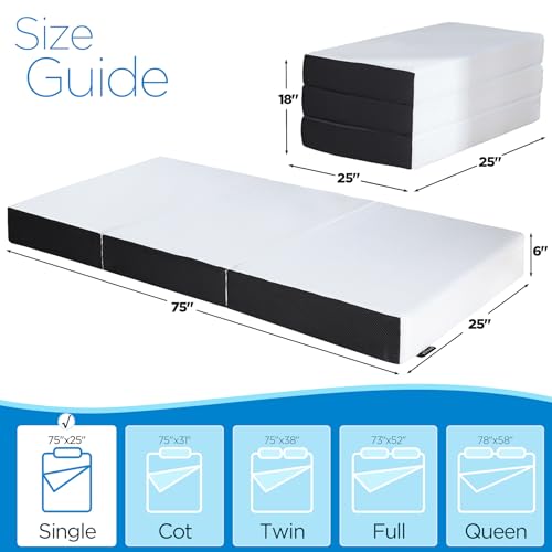 Folding Mattress, 6 inch Single Tri-Folding Memory Form Mattress,Portable Trifold Mattress Topper with Washable Cover, Non-Slip Bottom Camping Mattress Guest Bed, 75"x25"x6"