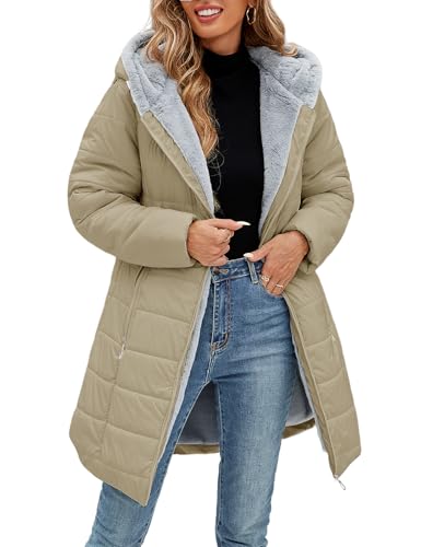 VXVGER Women's Winter Fleece Warm Coat Windproof Slim Fit Long Down Jacket Hooded Thicken Outerwear with Pockets