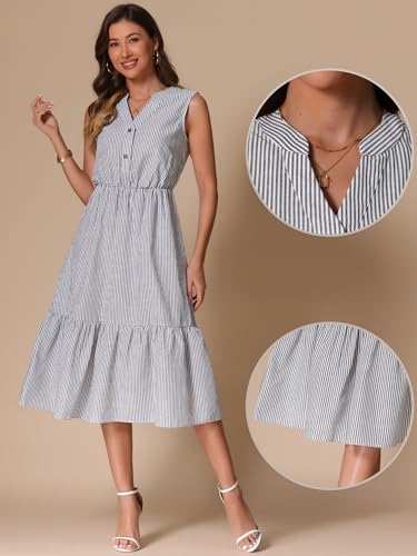 Image of Allegra K Striped Shirt Dresses for Women's Sleeveless Work V Neck Ruffleed Midi Dress