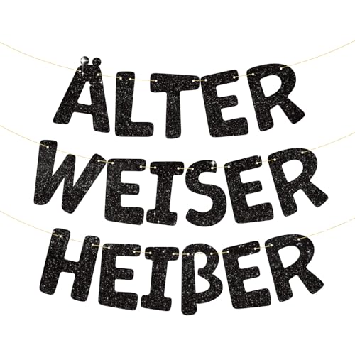 BETESSIN Geburtstagsgirlande Schwarz Glitzer - Älter Weiser Heißer - Lustige Girlande zum 40/50/60/70/80 Geburtstag - Geburtstagsbanner aus Papier - Geburtstagsdeko für Frauen und Männer