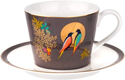 Sara Miller Chelsea 8oz Fine China Teacup & Saucer Set, Dark Grey with 22K Gold Rim - Elegant Afternoon Tea Cup with Love Bird Design for Tea Party or Picnic Essentials - Great Anniversary Gift