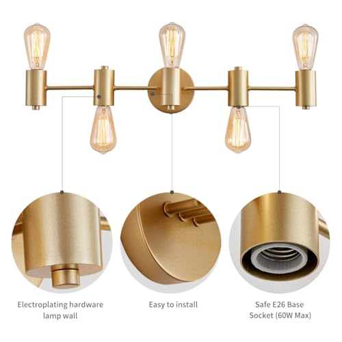 Image of WUZUPS 5-Light Bathroom Light Fixture Over Mirror Morden Vanity Wall Scones Light for Bedroom Living Room, E26 Base, Gold
