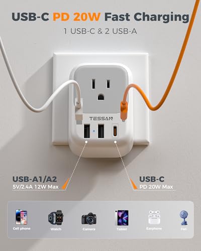 Image of TESSAN Type E F Plug Adapter with 4 AC Outlets, 3 USB Ports (1 USB C 20W) | 1 USB C PD 20W, 2 USB A, 7 in 1 Germany France Power Adapter, 4 side design, US to Spain Iceland Korea Travel Adaptor