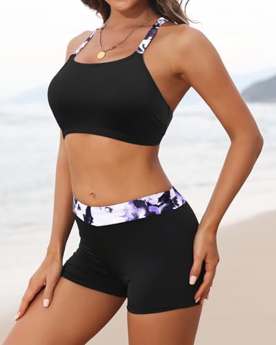 Image of 3 Piece Swimsuits Open Tie Back Tankini Top And Athletic Swim Shorts | Supportive Strappy Swim Bra, Adjustable Straps, Removable Pads, Tummy Control Boyshorts, Quick Dry Fabric, XXS-20 Plus