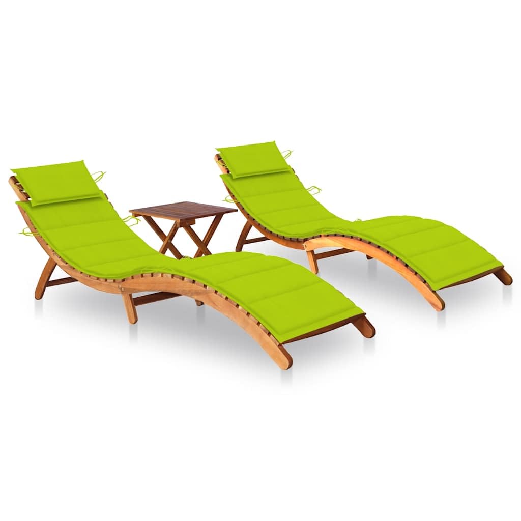 vidaXL Tumbonas 2 Unidades con Mesa y Cojines Madera Maciza de Acacia