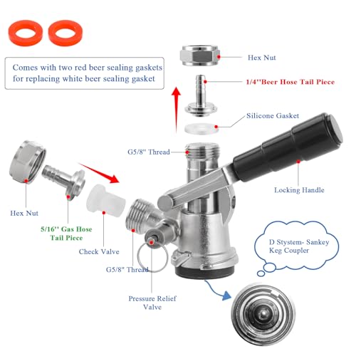 Image of Keg Coupler for Sankey D System, Beer Keg Tap Kegerator Tap Coupler D Type | Fit ID1 /4 inch,3 /16 inch Beer Line& 5 /16'' Gas Line 304 Stainless Steel Probe D Beer Keg Coupler Keg Tap Kit with Check Valve Washer