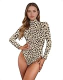EMOTTOS Damen Sexy Bodysuit mit Leopardenmuster, Damen Doppelt Gefüttert Langärmeliger Slim Fit Jumpsuit mit Kragen, Einteiliges Schlankheits-Tanktop zum Ausgehen Clubbing Party, M