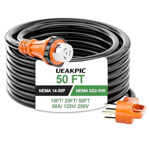 UEAKPIC Extensão Elétrica Para Gerador De 50 Amperes, 15m (50 Pés), Classificada Para 250 V/12500 W, Design De Trava Giratória Nema 14-50P Para Ss2-50R, Cabos De Alimentação Para Gerador Stw