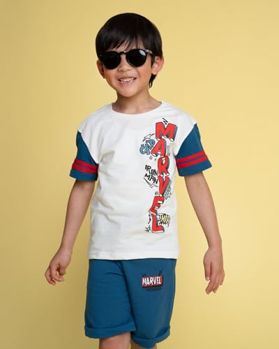 Image of Marvel Avengers Big Boys' 2-Piece T-Shirt and Shorts Set Ivory Blue 10-12 | 100% Cotton, Contrast Raglan Sleeves, Puff Screenprint Logo, French Terry Shorts with Pockets